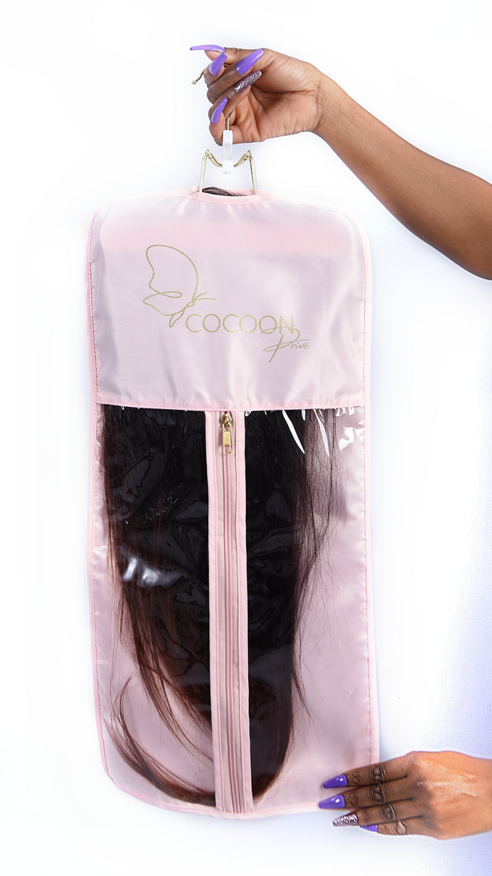 Pink - Satin Wig Bag and Wooden Hanger Set